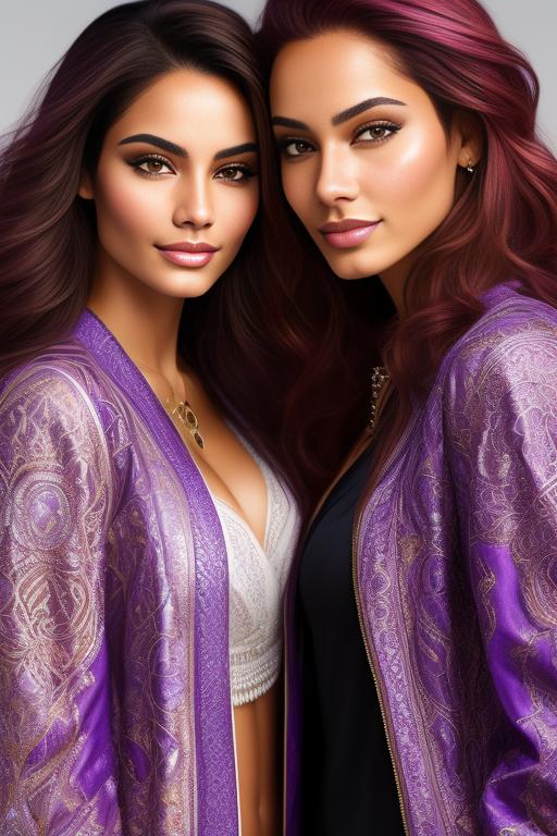 Image: Hair Color purple Ethnicity Moroccan Art Style bestquality hyperdetailed ultradetailed sfw sfw Nbrmodels Two top models Dressqty open jacket smiling  face close up