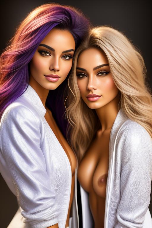 Image: Hair Color purple Ethnicity Moroccan Art Style bestquality hyperdetailed ultradetailed Nsfw nsfw Nbrmodels Two top models Dressqty open whitejacket smiling  face close up