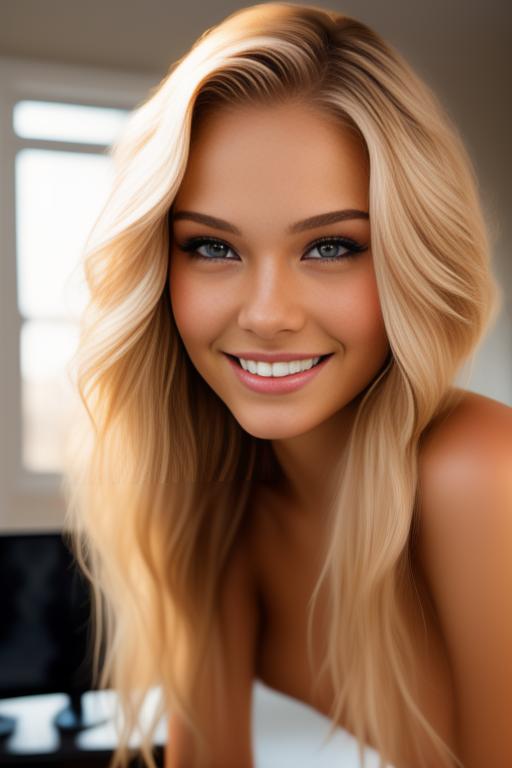 Image: russian blonde top model next to gaming pc  from below facecloseup hot wet smile nude