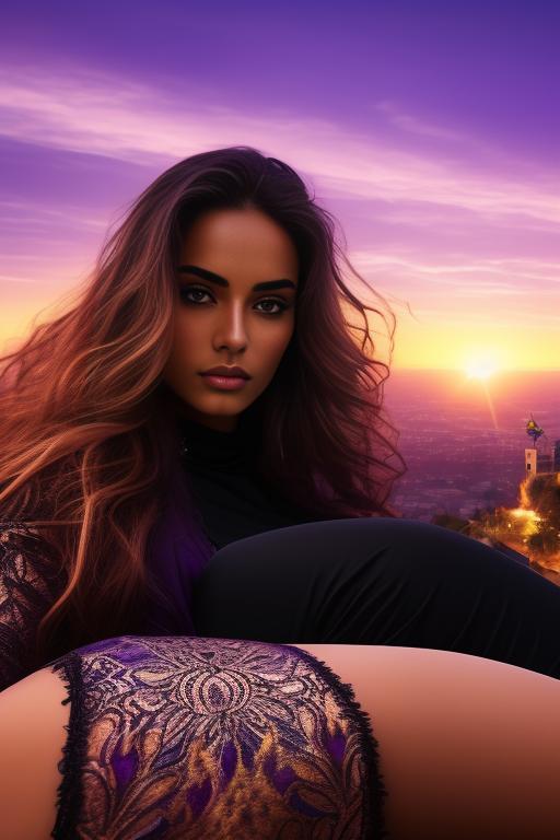 Image: two moroccan top models purple sunset castle fantasy extreme closeup detailed face eyes  black clothes happy legs