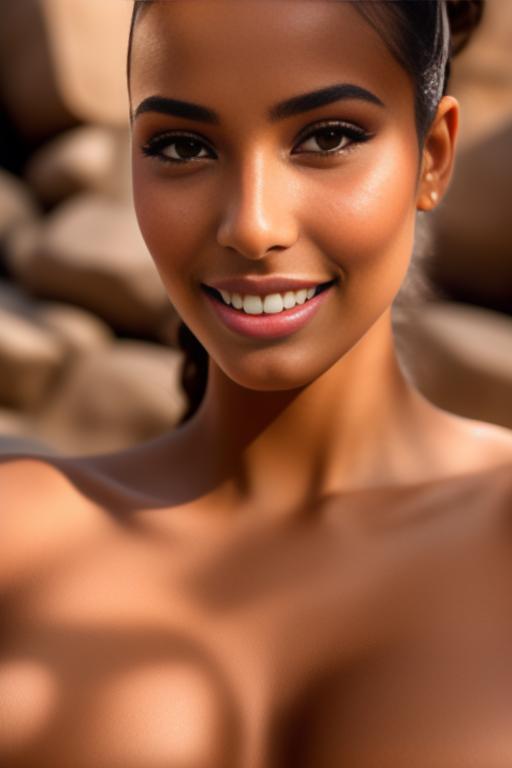 Image: Moroccan Top model beauty holding  sports sexy outfit  gentlesmile   close up shot  in rocky rocks no panties  face close up shot from below kneeling