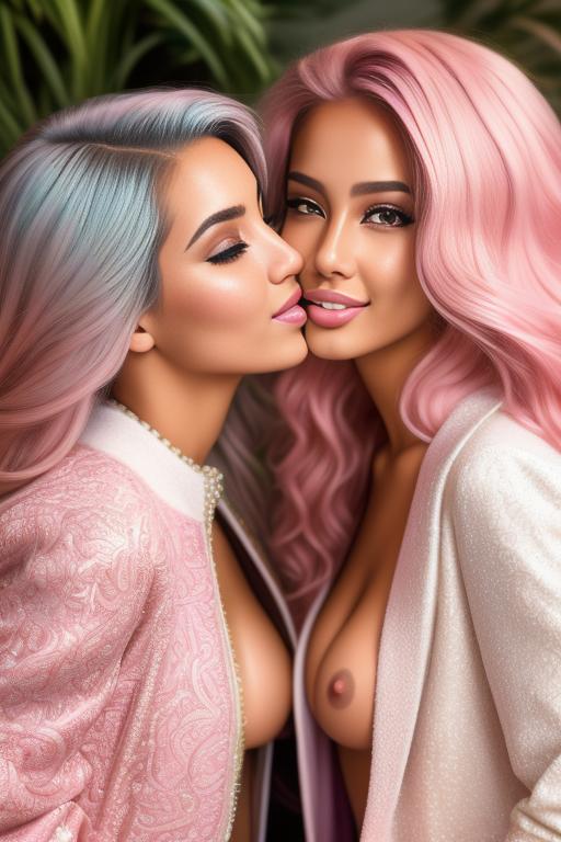 Image: Hair Color pastelPink Ethnicity Moroccan Art Style bestquality hyperdetailed ultradetailed Nsfw nsfw Nbrmodels Two top models Dressqty open whitejacket smiling  face close up kissing masturbating pussy