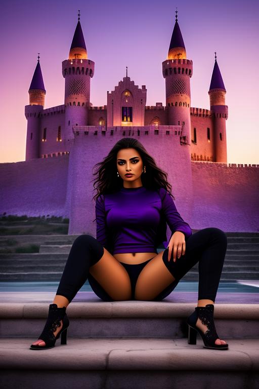 Image: two moroccan top models purple sunset castle fantasy extreme closeup black clothes happy legs