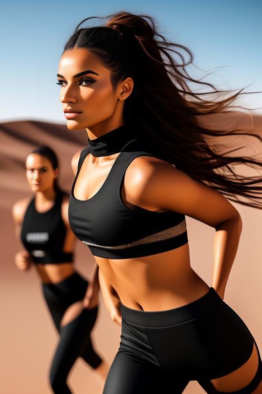 Image: Wearing black leggings  two top models running fit but nbrmodelstwo Two Top Models ethnicitymoroccan Moroccan backgrounddesert Desert artstylehyperdetailed Hyper Detailed cameracloseup CloseUp nbrmodelstwo Two Top Models ethnicitymoroccan Moroccan artstylehyperdetailed Hyper Detailed cameracloseup CloseUp