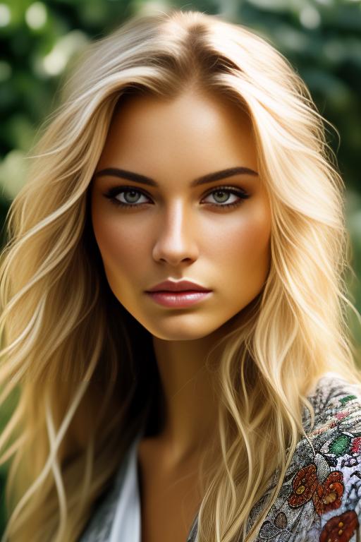 Image: Blonde  nbrmodelsone One Top Model ethnicitycaucasian Caucasian backgroundgarden Garden artstylehyperdetailed Hyper Detailed camerafacecloseup Face CloseUp