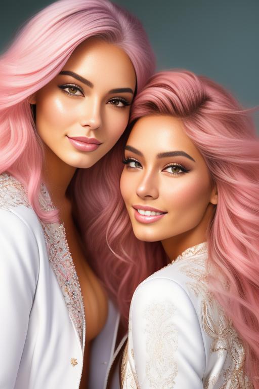 Image: Hair Color pastelPink Ethnicity Moroccan Art Style bestquality hyperdetailed ultradetailed Nsfw nsfw Nbrmodels Two top models Dressqty open whitejacket smiling  face close up