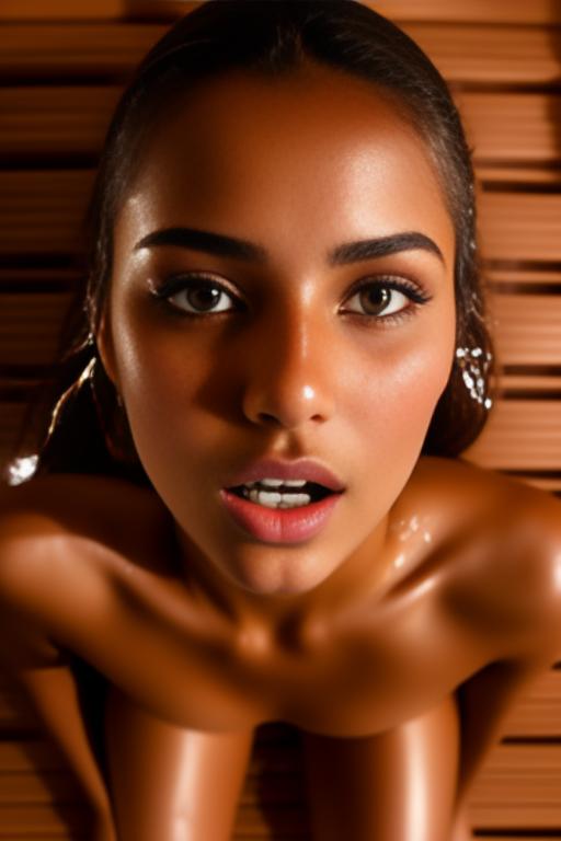 Image: Female Moroccan top model  face close up   kneeling in  sauna nude shot from above  open mouth dry hair covered sperm beautiful eyes