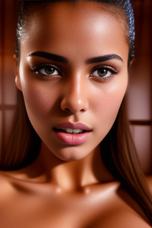 Image: Female Moroccan top model  face close up  in  sauna nude shot from above  open mouth dry covered sperm beautiful eyes