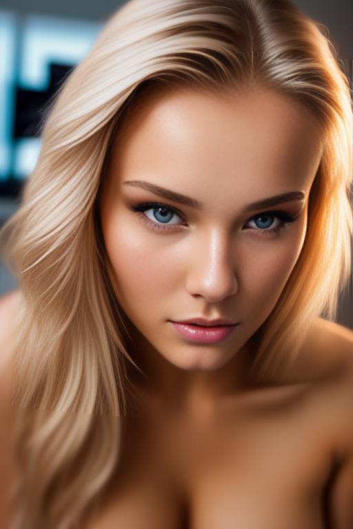 Image: russian blonde top model next to gaming pc  from above face extreme closeup   nude fingers