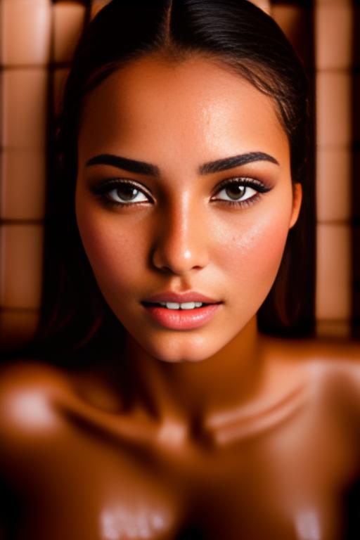 Image: Female Moroccan top model  face eyes extreme close up shot  wet kneeling in massage sauna nude shot from above  sperm in face