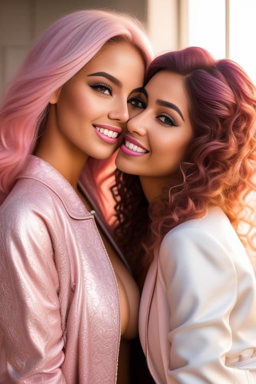 Image: Hair Color pastelPink Ethnicity Moroccan Art Style bestquality hyperdetailed ultradetailed Nsfw nsfw Nbrmodels Two top models Dressqty open whitejacket smiling  face close up kissing masturbating pussy