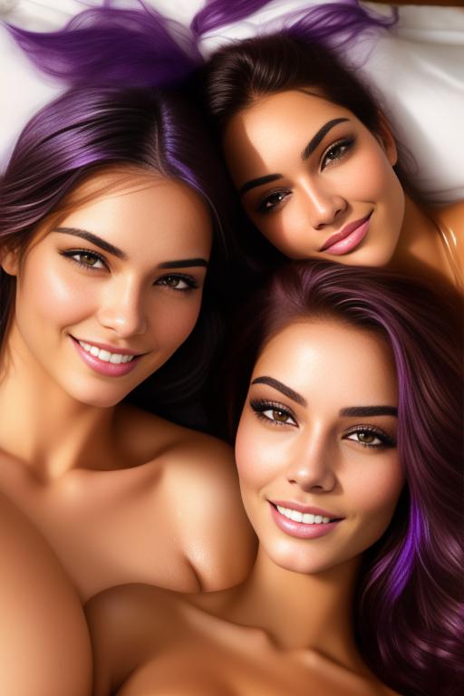Image: Hair Color purple Ethnicity Moroccan Art Style bestquality hyperdetailed ultradetailed nsfw nsfw Nbrmodels Two top models in bed smiling  face close up shot from above  wet