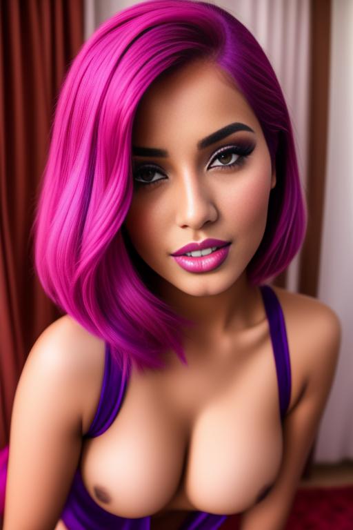 Image: moroccan sexy top models close up red blue  purple  bonde and pink hair  open sexy vest hot lips no underwear kneeling close face shot standing above