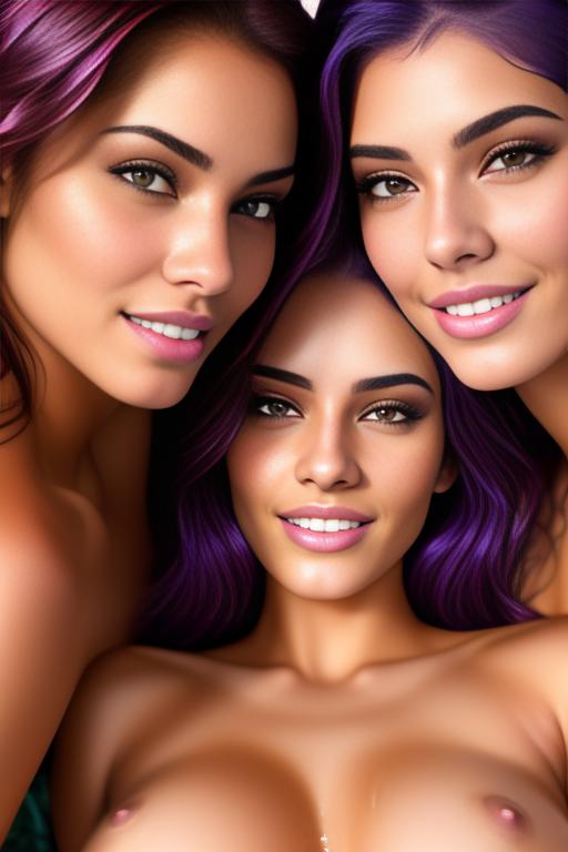 Image: Hair Color purple Ethnicity Moroccan Art Style bestquality hyperdetailed ultradetailed nsfw nsfw Nbrmodels Two top models in bed smiling  face close up shot from above  wet open mouth sucking