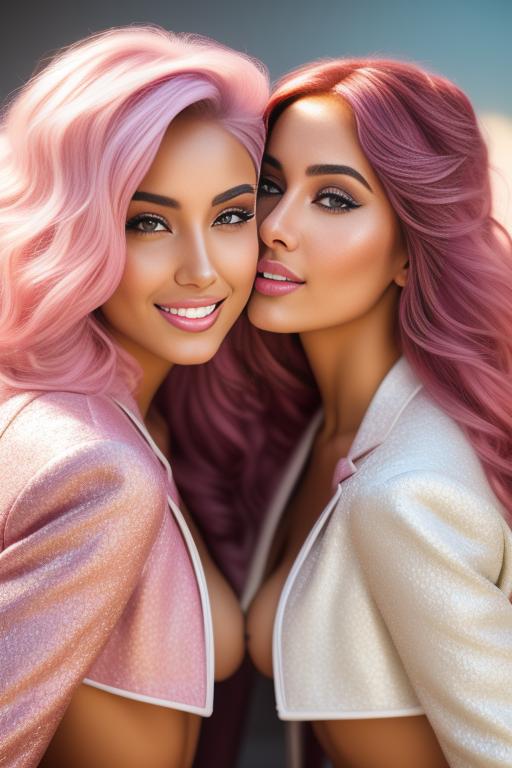 Image: Hair Color pastelPink Ethnicity Moroccan Art Style bestquality hyperdetailed ultradetailed Nsfw nsfw Nbrmodels Two top models Dressqty open whitejacket smiling  face close up kissing on four legs