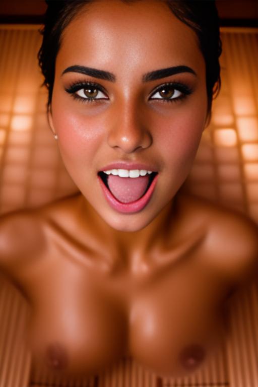 Image: Two  female Moroccan top models  face close up shot  wet kneeling in massage sauna nude shot from above  teasing expression open mouth
