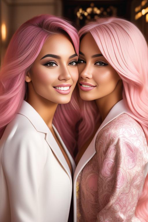 Image: Hair Color pastelPink Ethnicity Moroccan Art Style bestquality hyperdetailed ultradetailed Nsfw nsfw Nbrmodels Two top models Dressqty open whitejacket smiling  face close up kissing on four legs