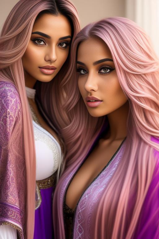 Image: two  moroccan sexy top models close up blonde and pink purple long hair open vest