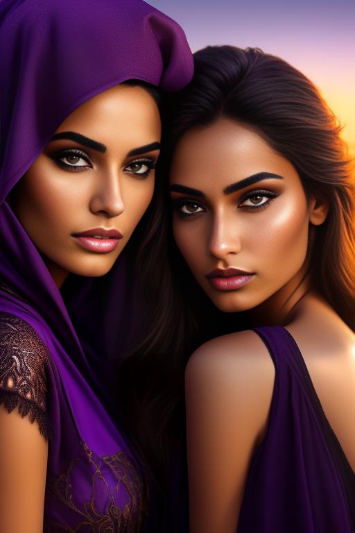 Image: two moroccan top models purple sunset castle fantasy extreme closeup detailed face eyes  black clothes happy legs