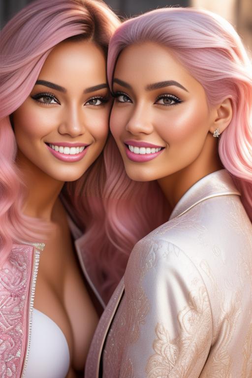 Image: Hair Color pastelPink Ethnicity Moroccan Art Style bestquality hyperdetailed ultradetailed Nsfw nsfw Nbrmodels Two top models Dressqty open whitejacket smiling  face close up crawling