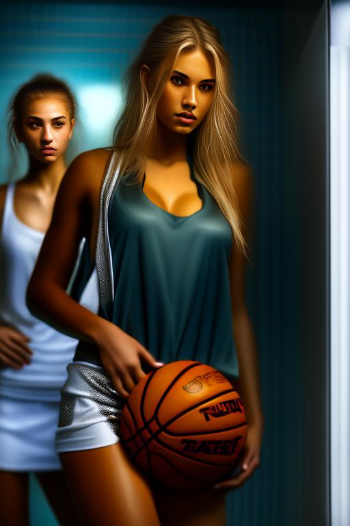 Playing basketball, female , sexy blonde ,  , torn basketball clothes , lockers shower background , nbr_models_three Three Top Models, ethnicity_caucasian Caucasian, dress_pulld Pulld, art_style_hyper_detailed Hyper Detailed, camera_close_up Close-Up, <dress_pulld:0.5>
