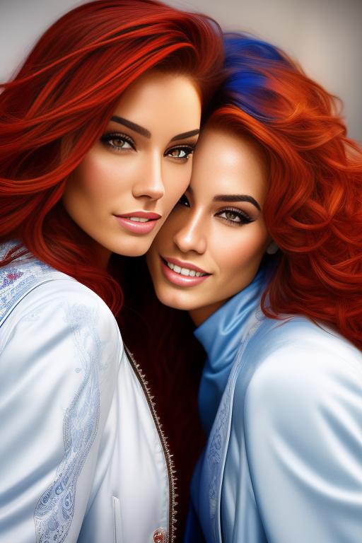 Image: Hair Color blue and red Ethnicity Moroccan Art Style bestquality hyperdetailed ultradetailed Nsfw nsfw Nbrmodels Two top models Dressqty open whitejacket smiling  face close up