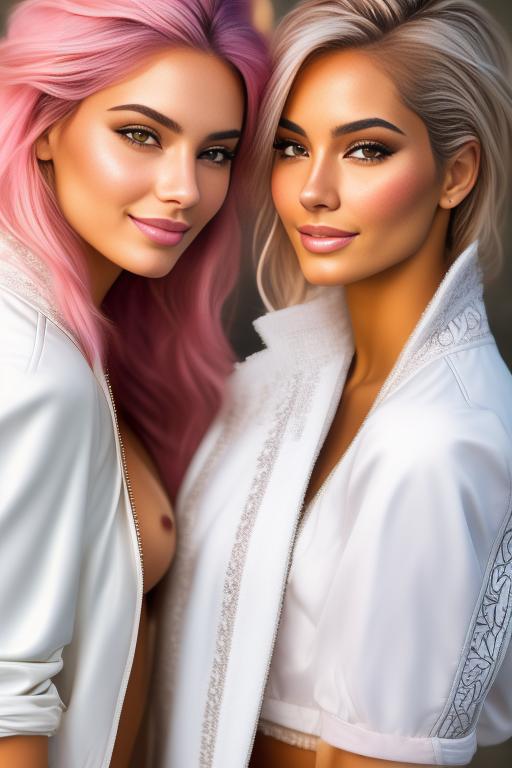 Image: Hair Color pastelPink Ethnicity Moroccan Art Style bestquality hyperdetailed ultradetailed Nsfw nsfw Nbrmodels Two top models Dressqty open whitejacket smiling  face close up