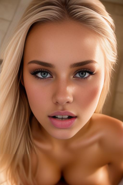 Image: russian blondes top models  face extreme closeup from close above  boobps  in bath  covered in cum  teasing look