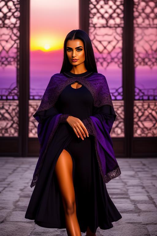 Image: two moroccan top models purple sunset castle fantasy extreme closeup face eyes  black clothes smile legs