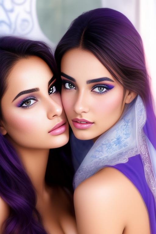 Image: two moroccan top models  goergeous eyes face close up in bluebath purple decor kissing boobs