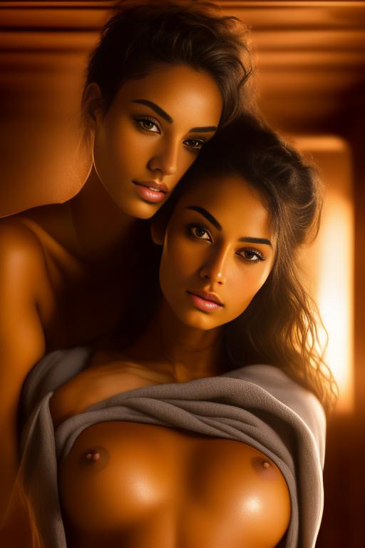 Image: two woman top models cudling touching  tanned Art Style bestquality hyperdetailed ultradetailed Ethnicity Moroccan  Camera face extreme closeup eyes  hair long  sauna black towel  tshirt joggings  dressshirtliftv308 shirtlift