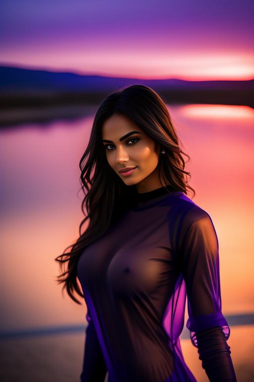 Image: two moroccan top models purple sunset castle fantasy extreme closeup face eyes  black clothes smile legsdresstransparent tshirt breasts