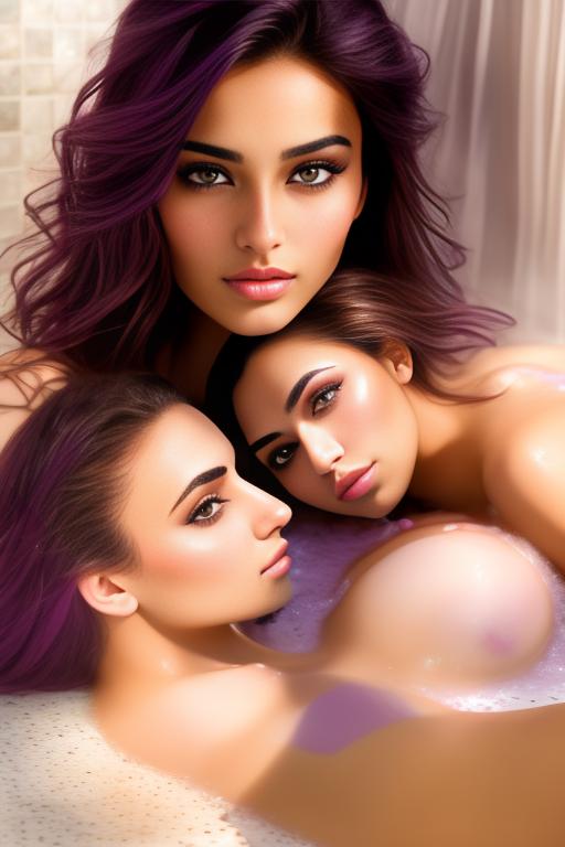 Image: two moroccan top models  goergeous eyes face close up in bath purple decor kissing boobs touching pussy
