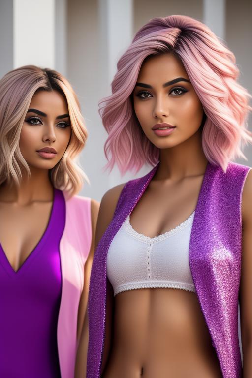 Image: two  moroccan sexy top models close up blonde and pink purple fashion hair open vest