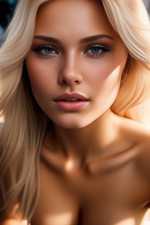 Image: russian blonde top model next to gaming pc from above face extreme closeup nude fingers