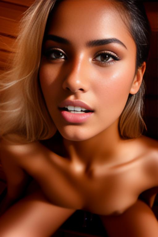Image: Female Moroccan top model  face close up   kneeling in  sauna nude shot from above  open mouth dry hair covered sperm beautiful eyes