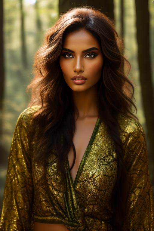 Image: A sexy Moroccan top model face focus on a big sunny fantastic forest with monsters  in background