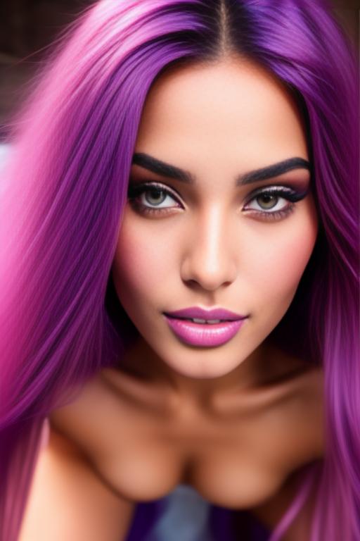 Image: moroccan sexy top model close up blue and red long hair  bonde and pink purple hairclose face shot kneeling riding closed eyes teasing look boobs