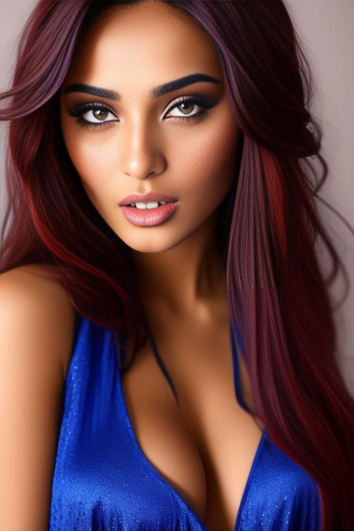 Image: two  moroccan sexy top models close up  blue and red long hair open vest hot mouth