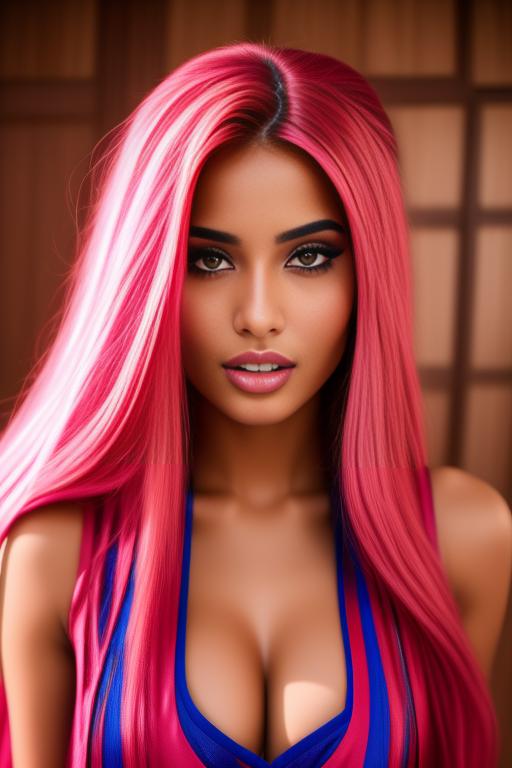 Image: moroccan sexy top models close up red and blue long hair  bonde and pink hair  open sexy vest hot lips no underwear kneeling close face shot standing below riding
