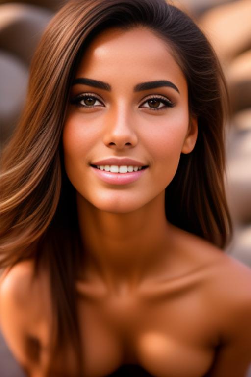 Image: Moroccan Top model beauty holding  sports sexy outfit  gentlesmile   close up shot  in rocky rocks no panties  face close up shot from below kneeling open mouth focus on eyes