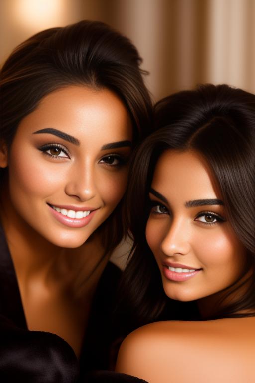 Image: Two hot female Moroccan top model and masseuse close up smile sitting  at massage room black closed bathrobe