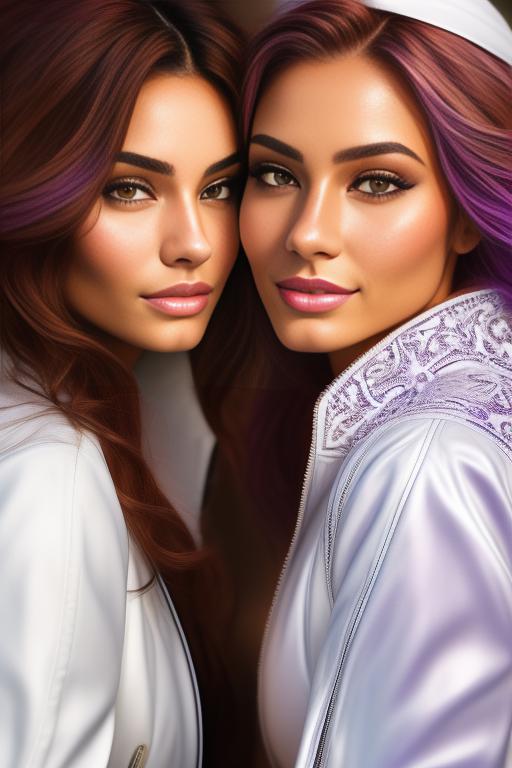 Image: Hair Color purple Ethnicity Moroccan Art Style bestquality hyperdetailed ultradetailed Nsfw nsfw Nbrmodels Two top models Dressqty open whitejacket smiling  face close up