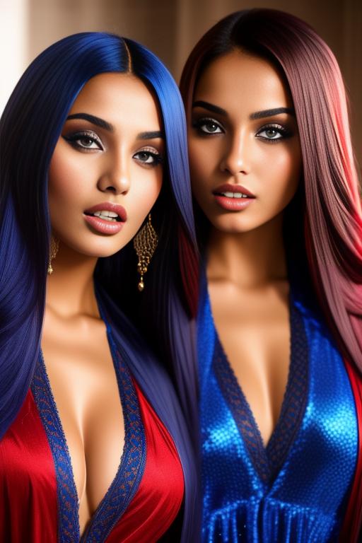 Image: two  moroccan sexy top models close up  blue and red long hair open vest hot mouth