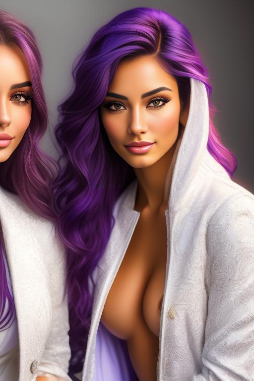 Image: Hair Color purple Ethnicity Moroccan Art Style bestquality hyperdetailed ultradetailed Nsfw nsfw Nbrmodels Two top models Dressqty open whitejacket smiling  face close up