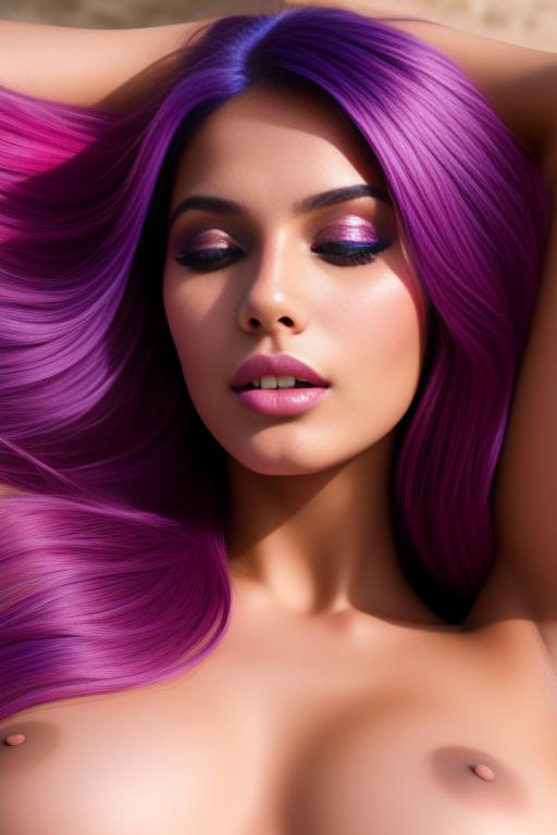 Image: moroccan sexy top model close up blue and red long hair  bonde and pink purple hairclose face shot laying above her closed eyes teasing look boobs