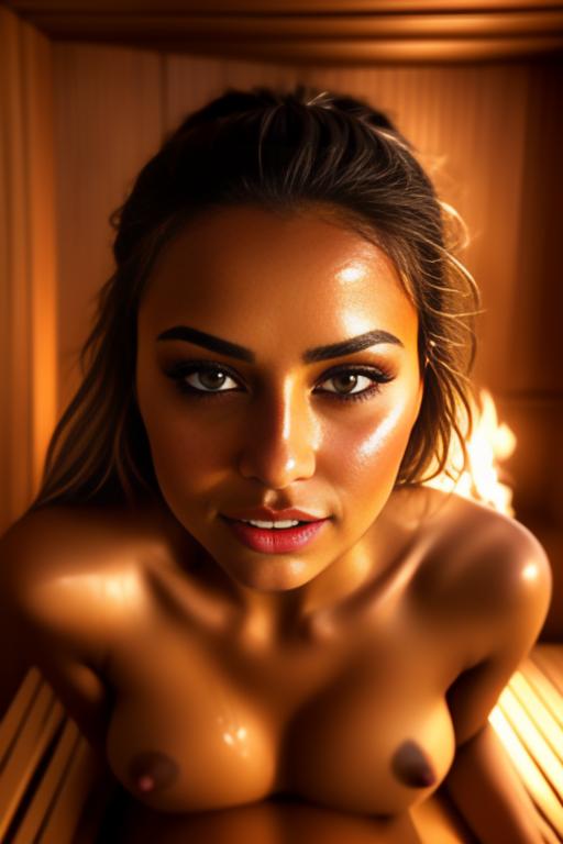 Image: woman top models cudling touching  tanned Art Style bestquality hyperdetailed ultradetailed Ethnicity Moroccan  Camera face extreme closeup  eyes hair long  sauna dresscumshot4905 cum on face
