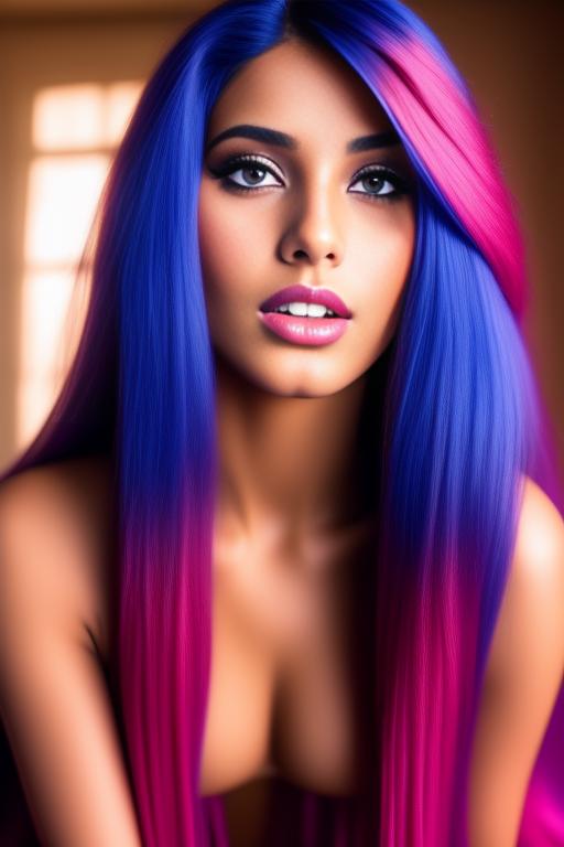 Image: moroccan sexy top models close up  blue and red long hair  bonde and pink long hair  open sexy vest hot lips no underwear kneeling close face shot from under beneath her
