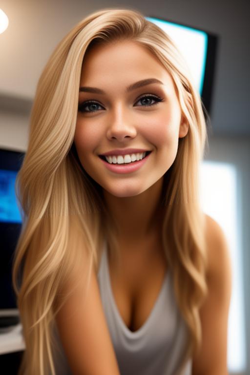 Image: russian blonde top model next to gaming pc from below facecloseup hot smile