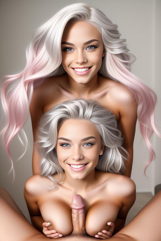 Image: female hair nbrmodels Two top models position smiling position teasing TitfuckRealistic09 titfuck hairColor platinum Blonde artStyle hyper detailed